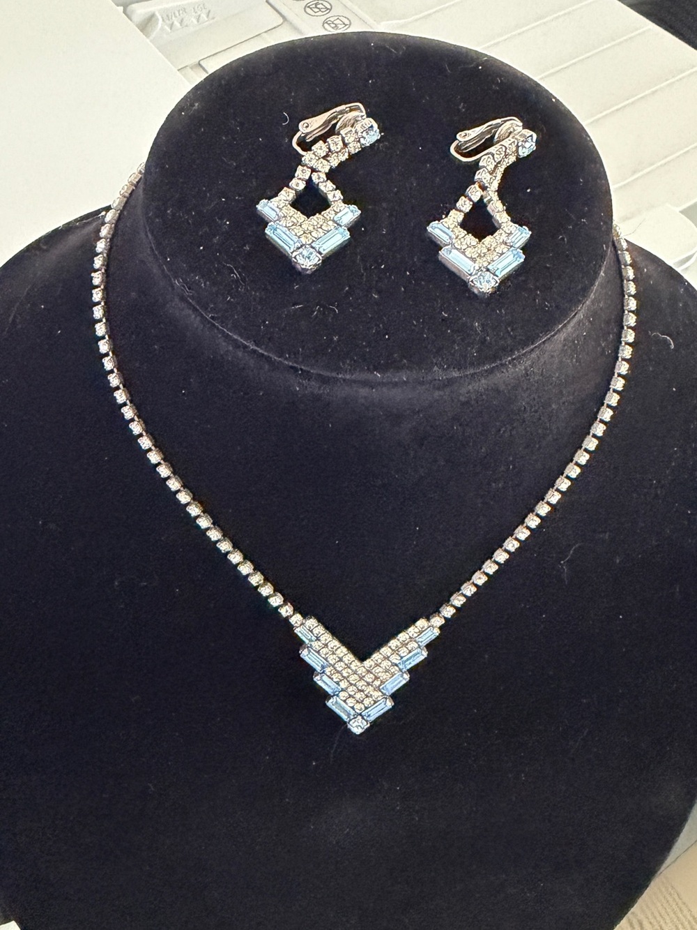 Vintage Blue Baguette Rhinestone Necklace & Clip-On Earrings Set